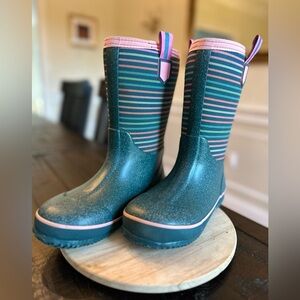 Lands End insulated Striped Green and Pink Kids Rain or snow Boots